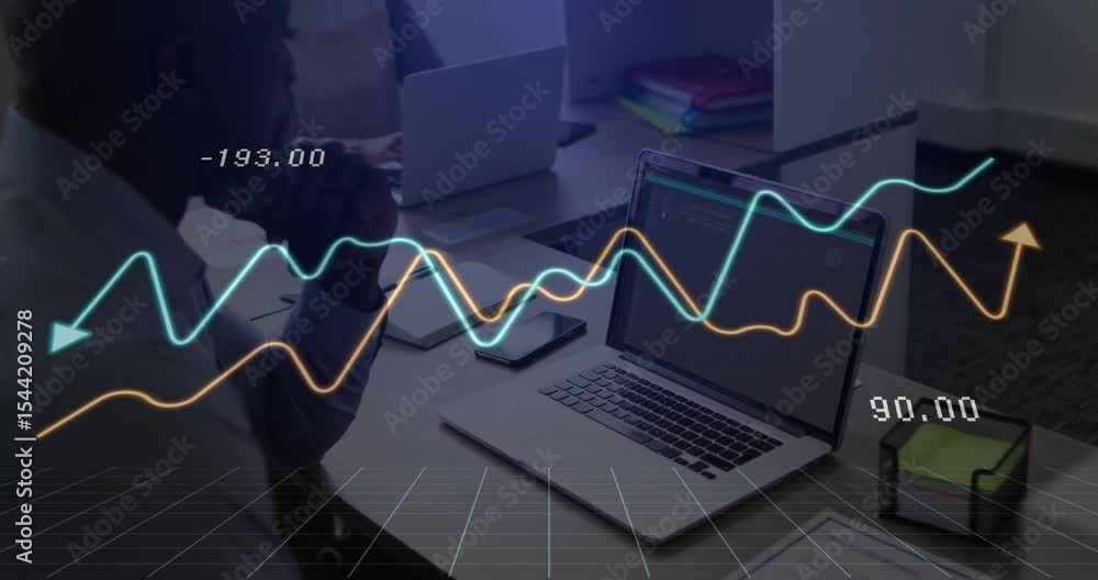 Aufkleber office professional analyzing laptop and watching animated finance graphs appearing and updating