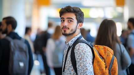 Young man attending conference looks back at camera in crowded hallway