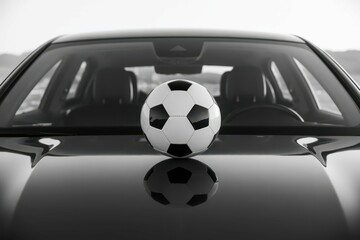 a black and white photo of a car with a soccer ball on it, with empty blank space for text copy space or mockup design, high detail, 8k