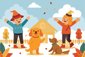 Naklejka premium golden-retriever-playing-with-children-in-a-backya (1)_processed.eps