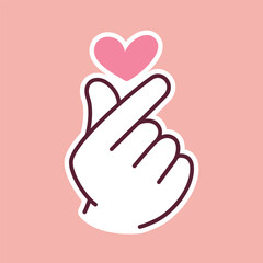 Obraz premium Simple and cute cartoon illustration of a hand showing finger heart gesture with a pink heart. Represents love, kindness, care, and positivity in daily life or communication.