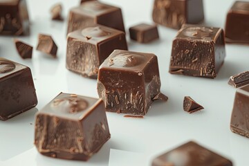 Sharp Image of Brown Chocolate Cubes on a White Surface Isolated