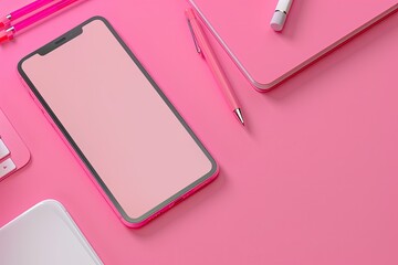 Vibrant Image of Close Up of Pink Creative Workspace with Smartphone Mockup