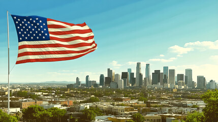 A sleek and modern cityscape on Independence Day 2025, with the American flag flying high above the skyline.  The image should be clean, detailed, and suitable for use as a graphic resource or poster.