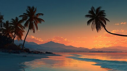 Tropical Paradise Silhouetted Palms at Golden Hour Beach Sunset.