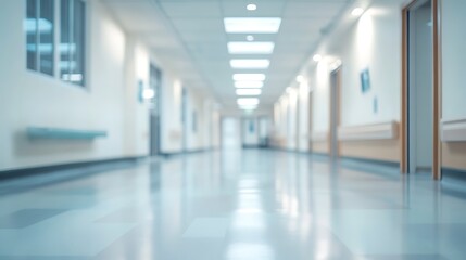 Obraz premium Blurred perspective of a long, empty hospital corridor with shiny blue floors and bright lighting, symbolizing a modern medical facility