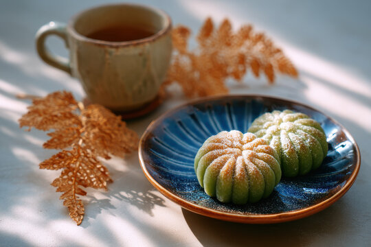 Green wagashi shaped like chrysanthemum flowers dusted with powdered sugar blue plate with cup of tea and dried leaves