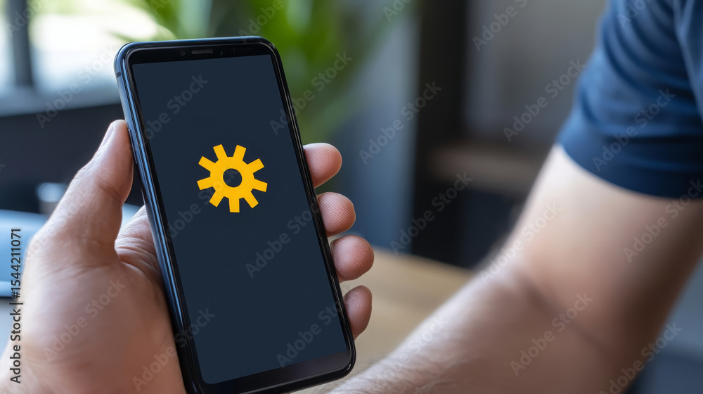 Poster smartphone hand screen setting icon technology update mobile device application user interface