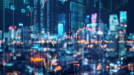 Obraz premium Abstract Cityscape with Financial Data Overlay, Modern Finance Visualization