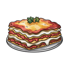 A hand-drawn illustration of a layered lasagna on a white ceramic plate