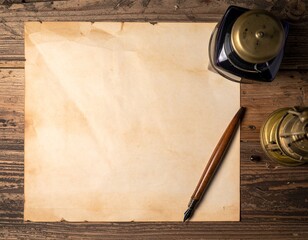 Vintage Paper Texture Blank Antique Paper on Wooden Table with Inkwell and Pen