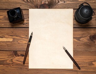 Vintage Writing Setup Blank Paper, Inkwell, and Dip Pens on Wooden Table