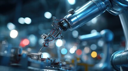 Robotic arm assembling precision metal parts in automated factory, advanced manufacturing technology and industrial automation concept.
