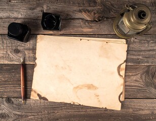 Antique Paper on Wooden Table with Inkwells and Lantern