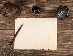 Vintage Blank Paper on Wooden Table with Antique Lanterns and Inkwell