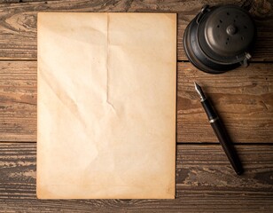 Vintage Blank Paper, Inkwell, and Fountain Pen on Wooden Table