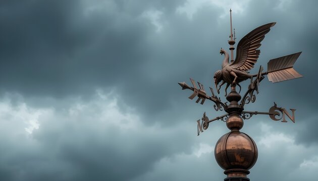A futuristic copper weathervane against a stormy sky.
