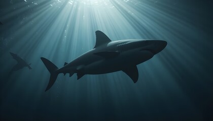 Fototapeta premium Silhouetted shark gliding through deep ocean with dramatic light rays above