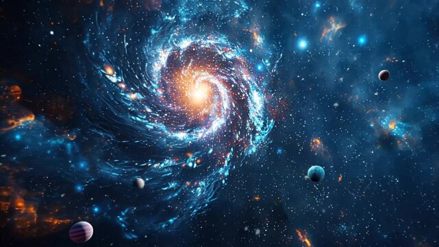 Spiral galaxy, planets and stars in the deep Universe. Cosmic theme with nebulae in the starry dark blue space