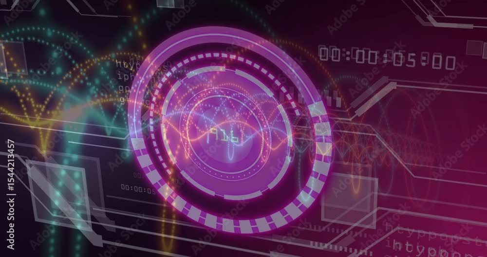 Poster fading-in magenta hud display advancing timecode rotating rings pulsing and visualizing metrics