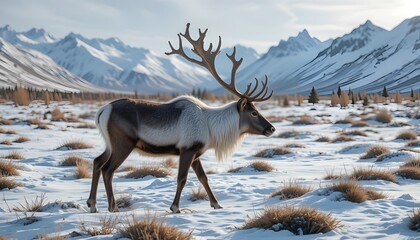 Side view of a reindeer with antlers walking in a remote snowy landscape, Alaska, USA
