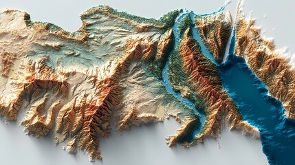 State border of Egypt visualized in a stunning 3D topographic map showing mountains, valleys, and the Red Sea; located in North Africa; ideal for educational use, atlases, or geographic projects.

