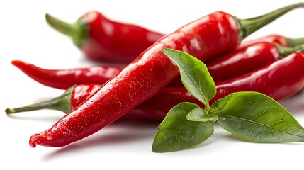 Closeup of Glossy Red Chili Peppers with Green Leaves, on white background