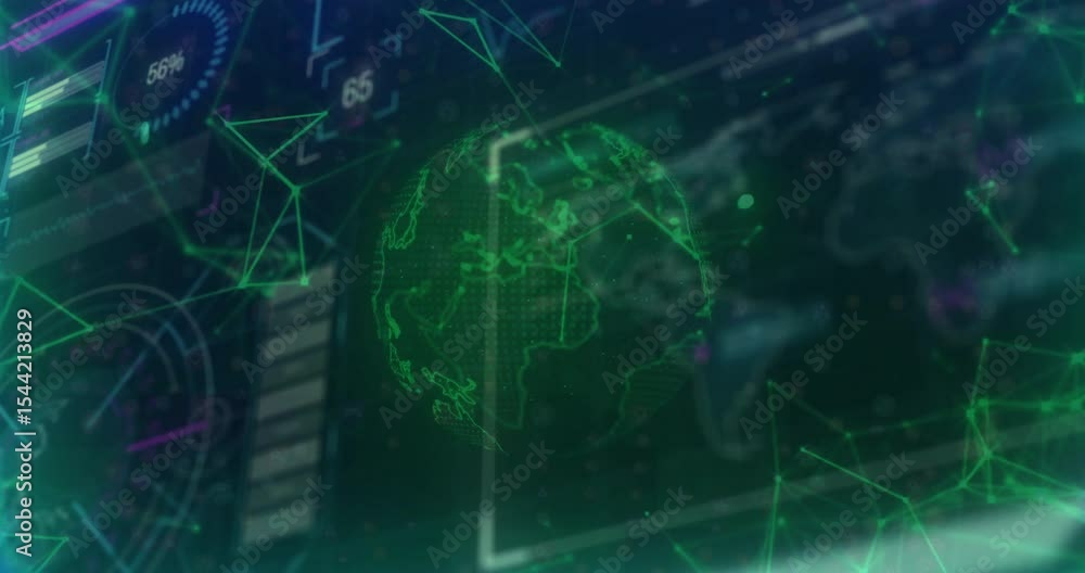 Aufkleber interface starting holographic green globe rotating while gauge climbing and showing global network