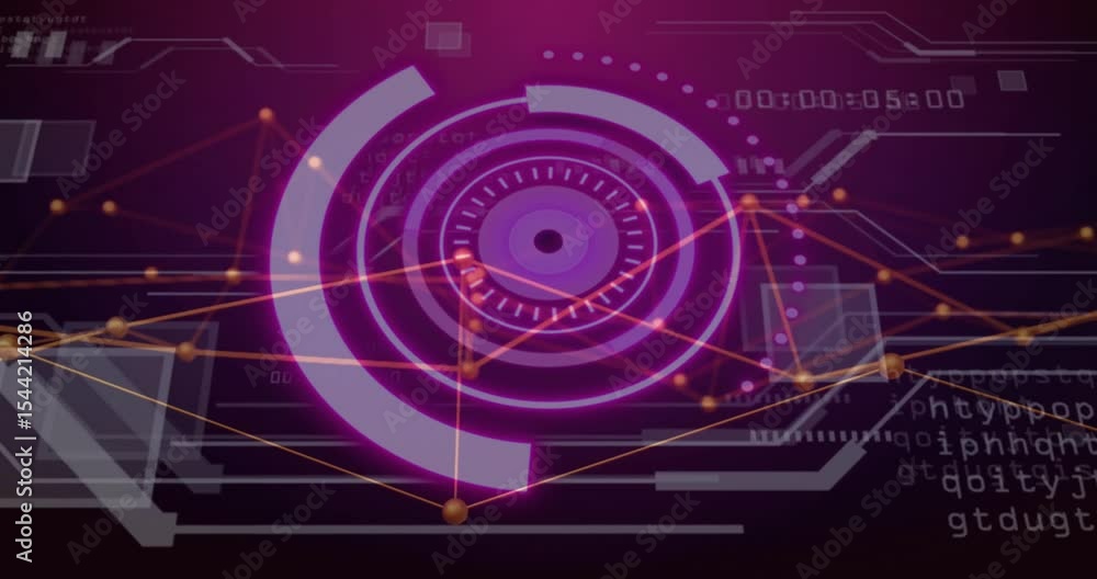 Poster hud initializing rings, rotating segments, pulsing network, displaying code and time for monitoring