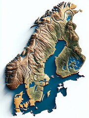 State border of Finland displayed in a high-resolution 3D terrain model with crisp elevation detail and Nordic topography; situated in Europe; perfect for atlases, prints, or scientific projects.