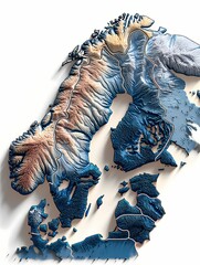 State border of Finland shown in a stylized 3D elevation map featuring Scandinavian terrain and Arctic contours; Northern Europe region; ideal for geography books, visual media, or teaching tools.