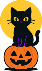 a cute black cat sitting on a glowing pumpkin under a full moon