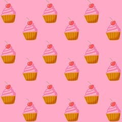 pattern Cute Pink Cupcake with Cherry Topping with pink background