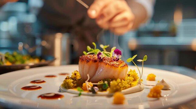 Culinary Artistry: A chef meticulously plates a gourmet dish in a professional kitchen, highlighting the precision, care, and presentation that defines culinary excellence. 