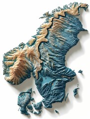 State border of Finland presented in a 3D topographic map with raised relief, terrain contours, and soft color gradients; located in Northern Europe; great for maps, education, and infographics.