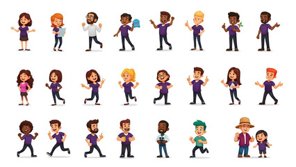 Funny cartoon set of business people and women in various office and team situations