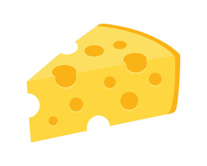 A simple, flat illustration of a wedge of Swiss cheese with holes
