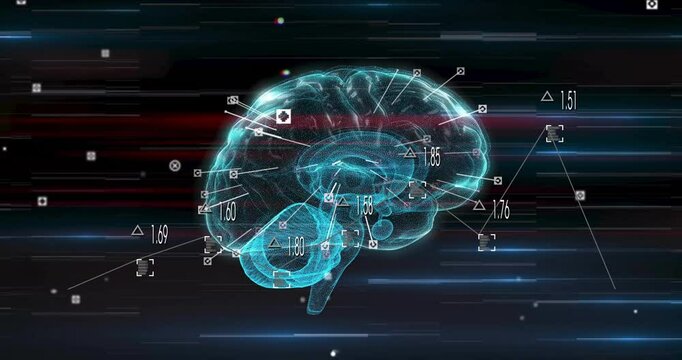 Cyan 3D hologram brain appearing then rotating while markers and labels animating for data analysis