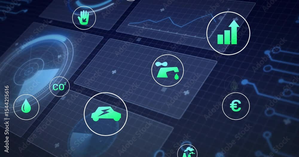 Poster data dashboard powering on, floating icons encircling shifting highlighting energy finance metrics