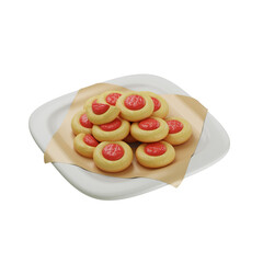 3D illustration of classic Lebaran cookies with red jam center, arranged on a white plate with parchment, perfect for festive moments.