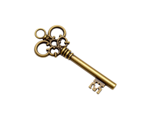 Antique Brass Skeleton Key with Ornate Head and Ring.