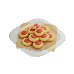 3D illustration of classic Lebaran cookies with red jam center, arranged on a white plate with parchment, perfect for festive moments.