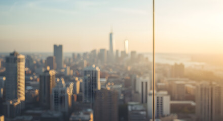 Sunset view of city skyline with glowing sun and tall buildings in silhouette composition.