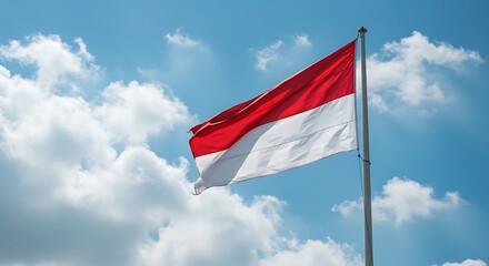 Red and White Flag Against Blue Cloudy Sky