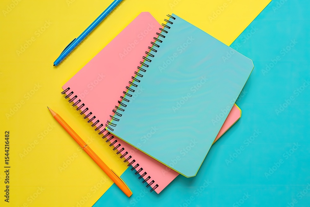 Poster high definition view of a yellow table with a notebook and a notebook on it