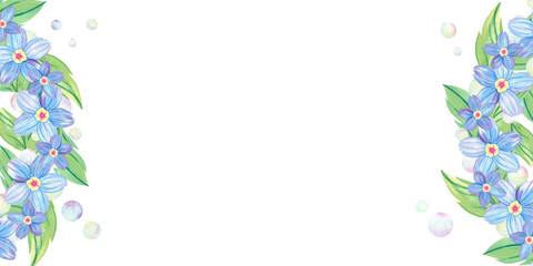 Horizontal frame, space for text, square background, template of forget-me-not flower, bud, blooming flower head, Myosotis, copy space, floral illustration. Hand drawn watercolor abstract painting