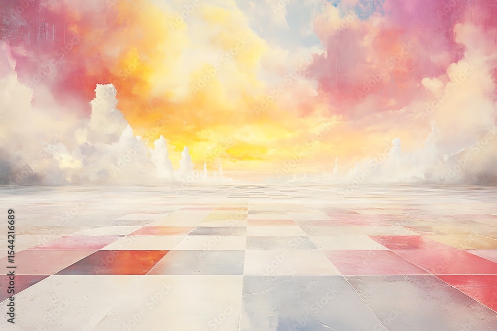 Poster dreamy abstract sky with colorful clouds and tiled floor background for creativity and imagination