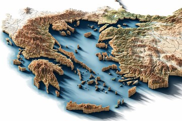 State border of Greece visualized in photorealistic 3D terrain with dramatic landforms, coastal detail, and Mediterranean setting; located in Europe; great for geography, media, or presentations.