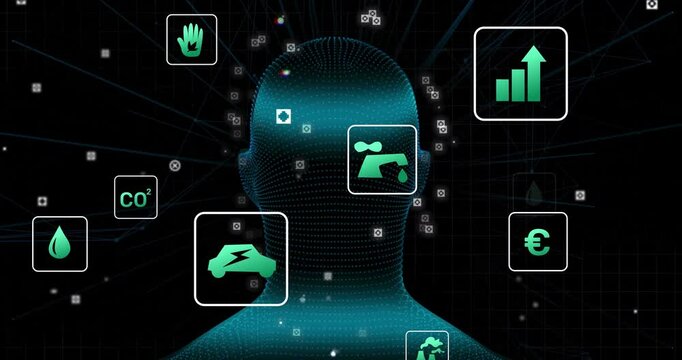 Wireframe head appearing on grid and rotating while icons orbiting and pulsing showcasing eco data - Powered by Adobe