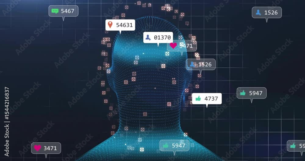 Poster 3d head materializing on grid initiating marker mapping and rotating icons growing engagement